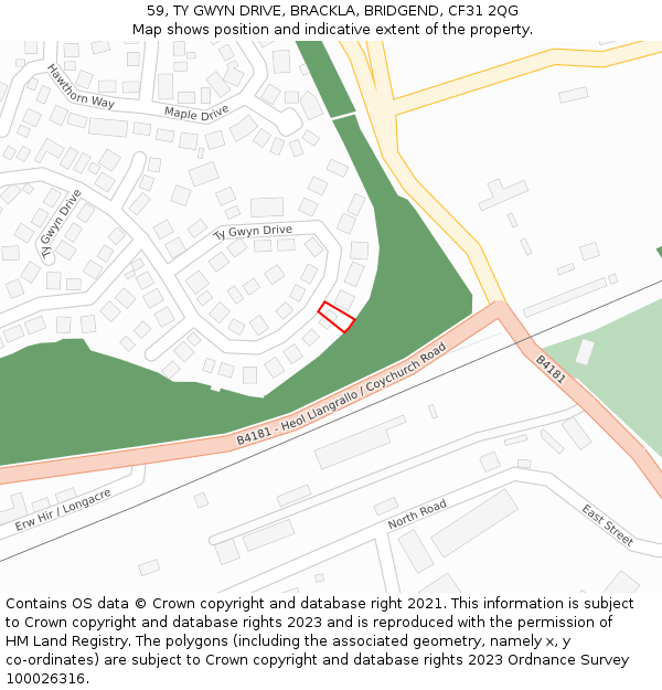 59, TY GWYN DRIVE, BRACKLA, BRIDGEND, CF31 2QG: Location map and indicative extent of plot