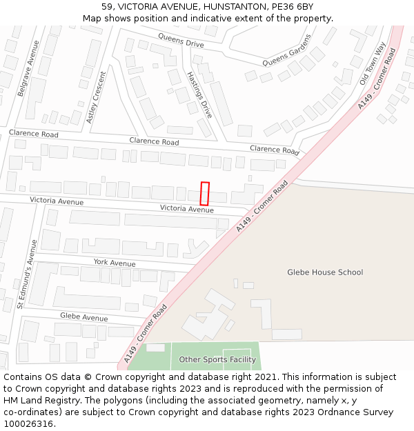 59, VICTORIA AVENUE, HUNSTANTON, PE36 6BY: Location map and indicative extent of plot