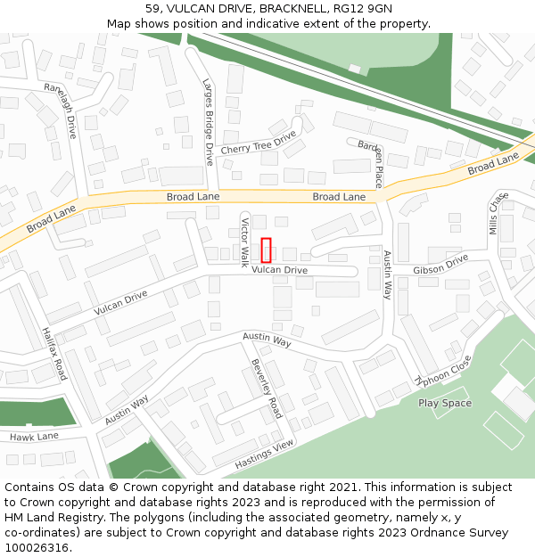 59, VULCAN DRIVE, BRACKNELL, RG12 9GN: Location map and indicative extent of plot