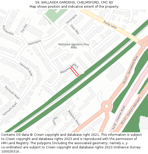59, WALLASEA GARDENS, CHELMSFORD, CM1 6JY: Location map and indicative extent of plot