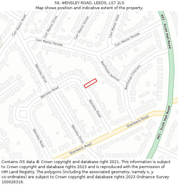 59, WENSLEY ROAD, LEEDS, LS7 2LS: Location map and indicative extent of plot