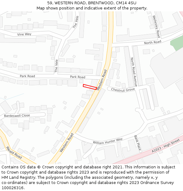 59, WESTERN ROAD, BRENTWOOD, CM14 4SU: Location map and indicative extent of plot