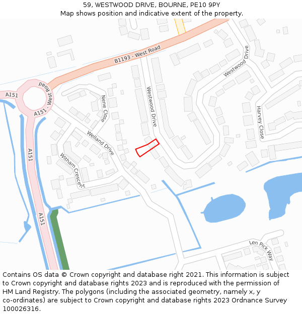 59, WESTWOOD DRIVE, BOURNE, PE10 9PY: Location map and indicative extent of plot