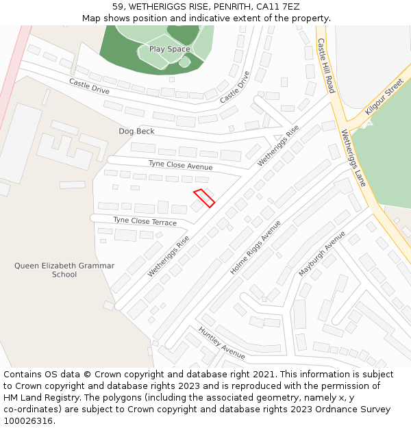 59, WETHERIGGS RISE, PENRITH, CA11 7EZ: Location map and indicative extent of plot