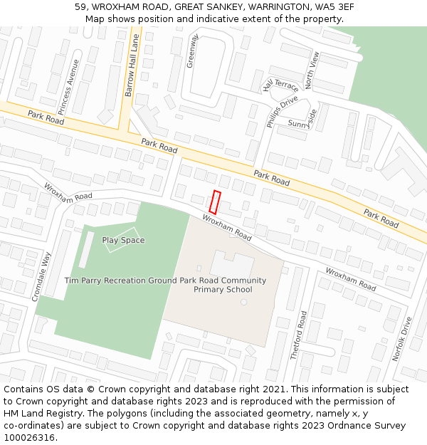 59, WROXHAM ROAD, GREAT SANKEY, WARRINGTON, WA5 3EF: Location map and indicative extent of plot
