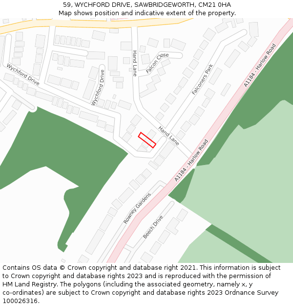 59, WYCHFORD DRIVE, SAWBRIDGEWORTH, CM21 0HA: Location map and indicative extent of plot