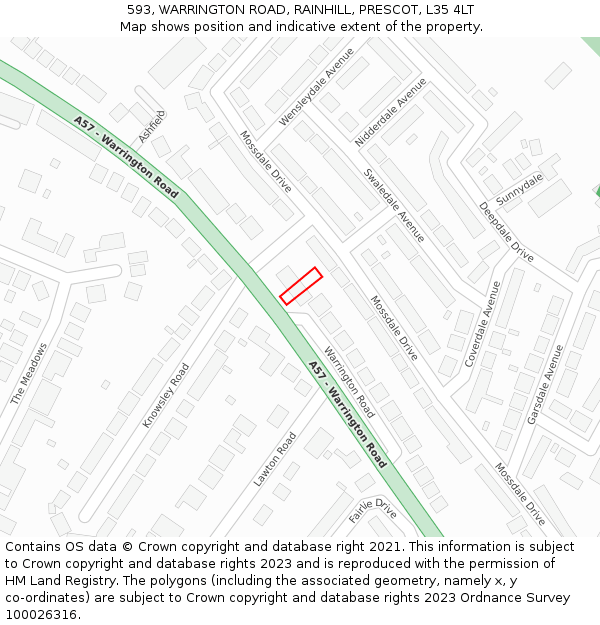 593, WARRINGTON ROAD, RAINHILL, PRESCOT, L35 4LT: Location map and indicative extent of plot