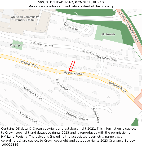 596, BUDSHEAD ROAD, PLYMOUTH, PL5 4DJ: Location map and indicative extent of plot
