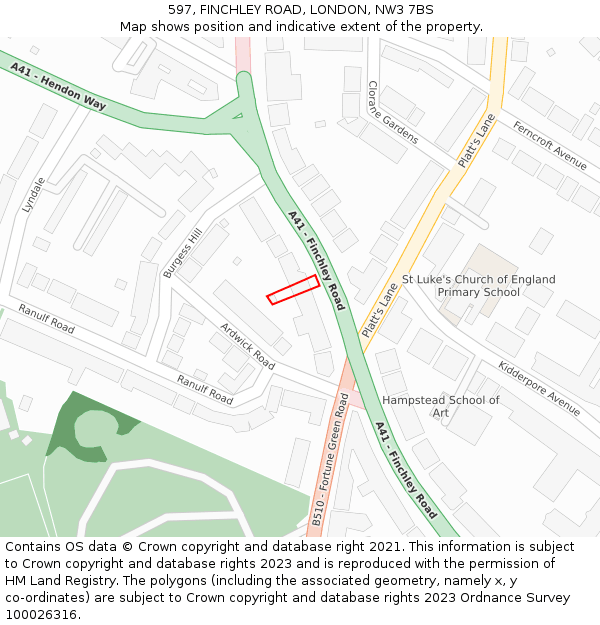 597, FINCHLEY ROAD, LONDON, NW3 7BS: Location map and indicative extent of plot