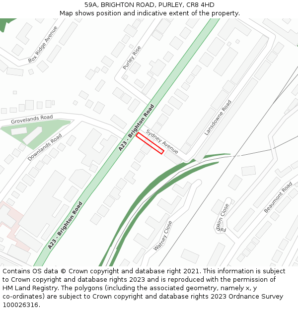 59A, BRIGHTON ROAD, PURLEY, CR8 4HD: Location map and indicative extent of plot