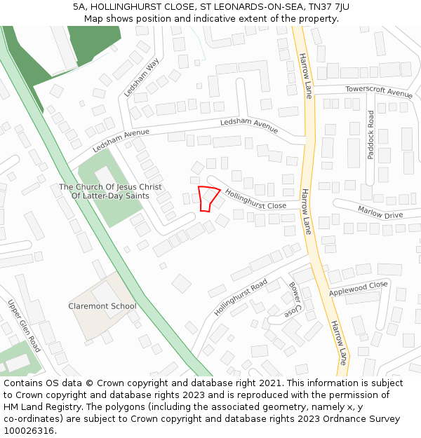 5A, HOLLINGHURST CLOSE, ST LEONARDS-ON-SEA, TN37 7JU: Location map and indicative extent of plot