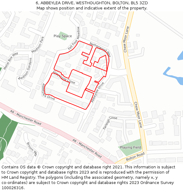 6, ABBEYLEA DRIVE, WESTHOUGHTON, BOLTON, BL5 3ZD: Location map and indicative extent of plot