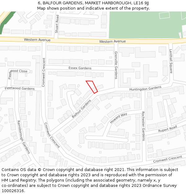 6, BALFOUR GARDENS, MARKET HARBOROUGH, LE16 9JJ: Location map and indicative extent of plot