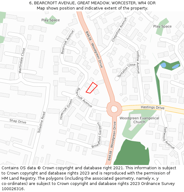 6, BEARCROFT AVENUE, GREAT MEADOW, WORCESTER, WR4 0DR: Location map and indicative extent of plot