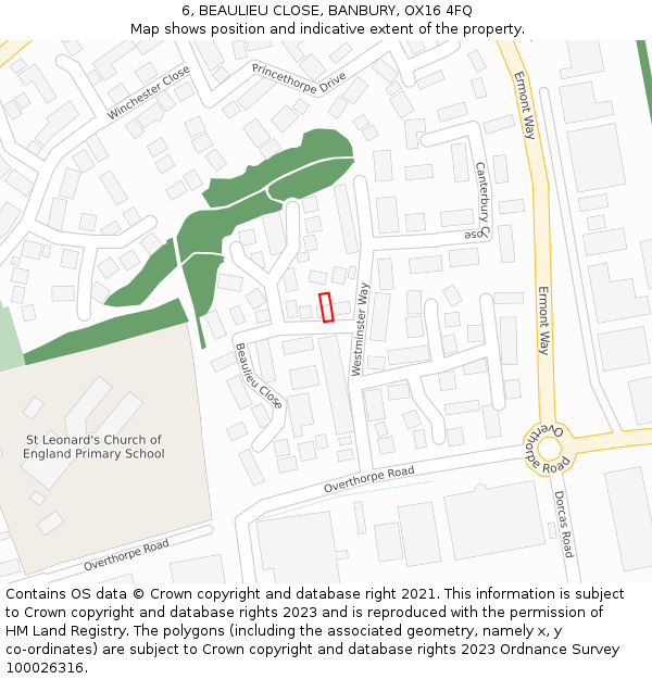 6, BEAULIEU CLOSE, BANBURY, OX16 4FQ: Location map and indicative extent of plot
