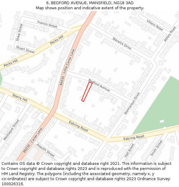 6, BEDFORD AVENUE, MANSFIELD, NG18 3AD: Location map and indicative extent of plot