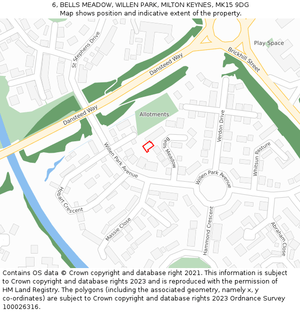 6, BELLS MEADOW, WILLEN PARK, MILTON KEYNES, MK15 9DG: Location map and indicative extent of plot