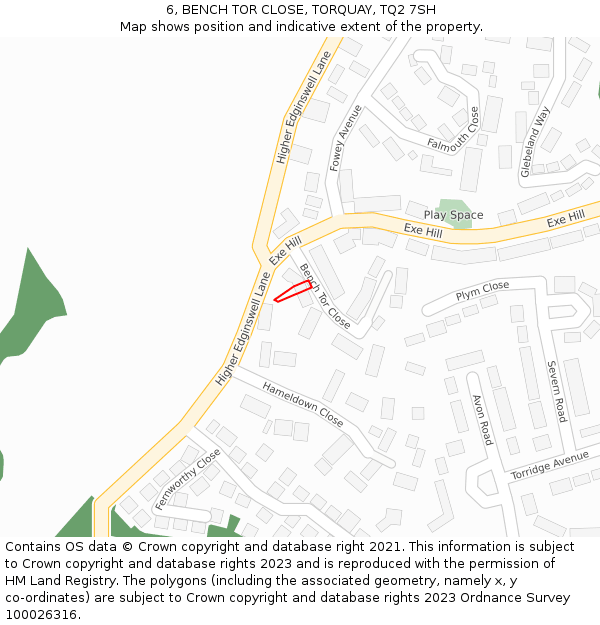 6, BENCH TOR CLOSE, TORQUAY, TQ2 7SH: Location map and indicative extent of plot