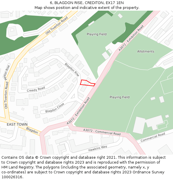 6, BLAGDON RISE, CREDITON, EX17 1EN: Location map and indicative extent of plot