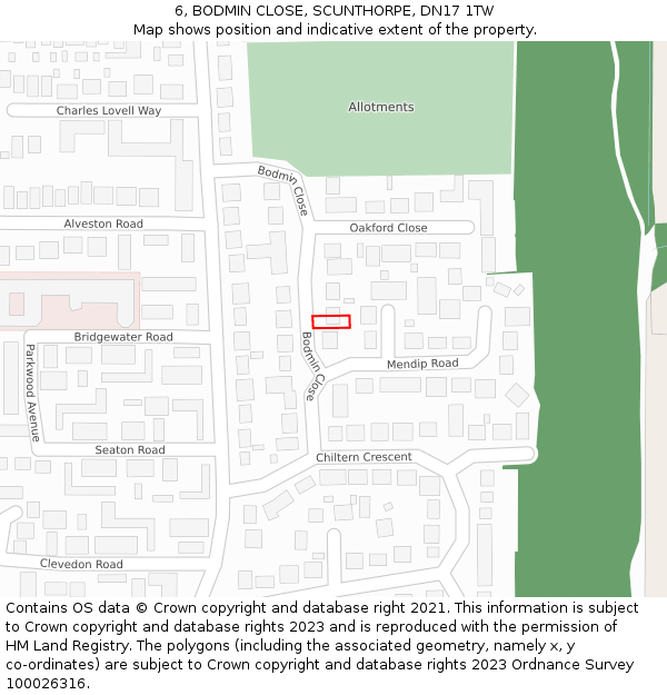 6, BODMIN CLOSE, SCUNTHORPE, DN17 1TW: Location map and indicative extent of plot
