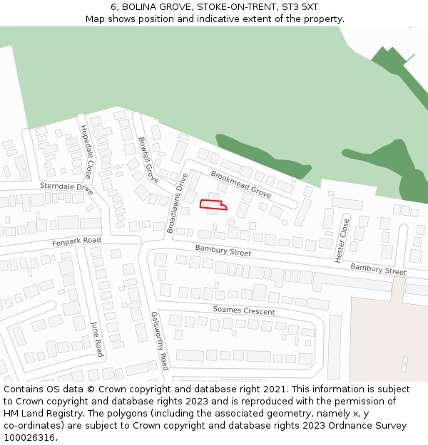 6, BOLINA GROVE, STOKE-ON-TRENT, ST3 5XT: Location map and indicative extent of plot