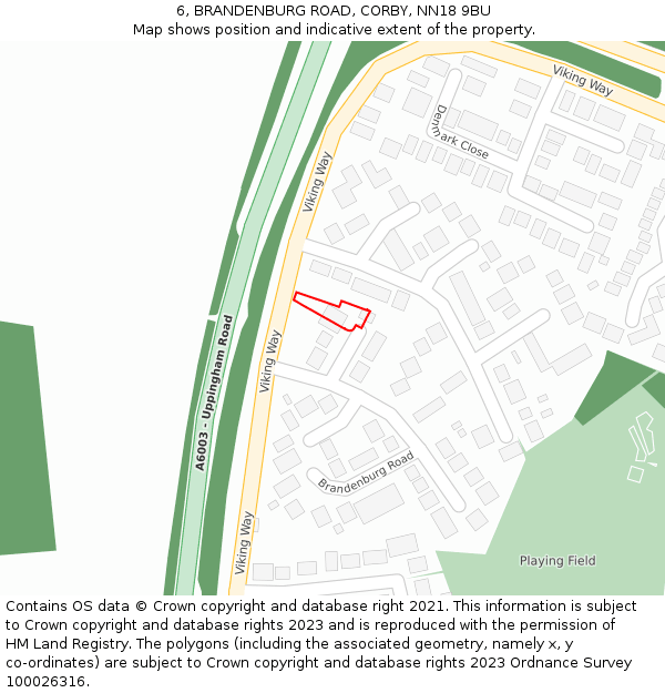 6, BRANDENBURG ROAD, CORBY, NN18 9BU: Location map and indicative extent of plot