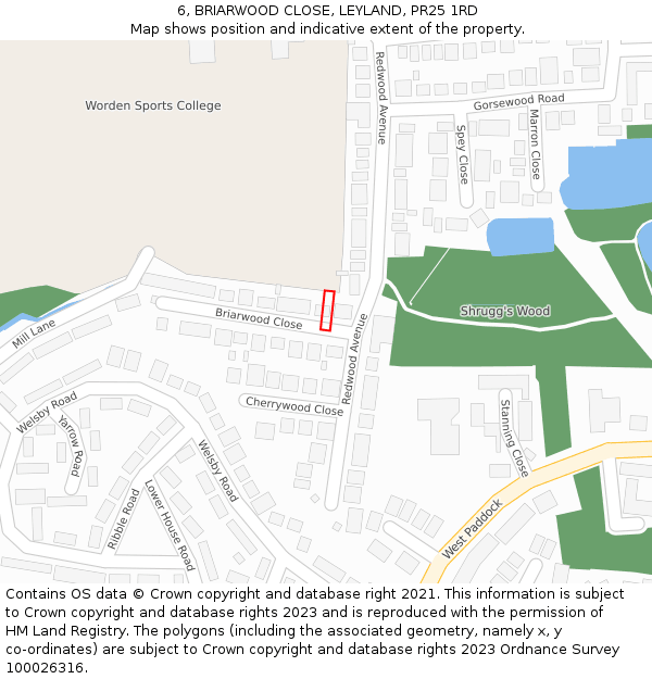 6, BRIARWOOD CLOSE, LEYLAND, PR25 1RD: Location map and indicative extent of plot
