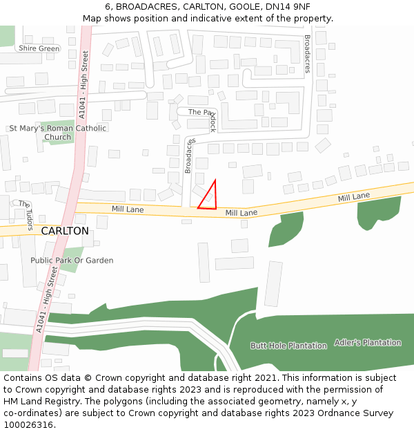 6, BROADACRES, CARLTON, GOOLE, DN14 9NF: Location map and indicative extent of plot
