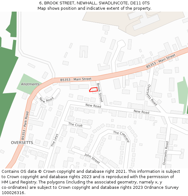 6, BROOK STREET, NEWHALL, SWADLINCOTE, DE11 0TS: Location map and indicative extent of plot