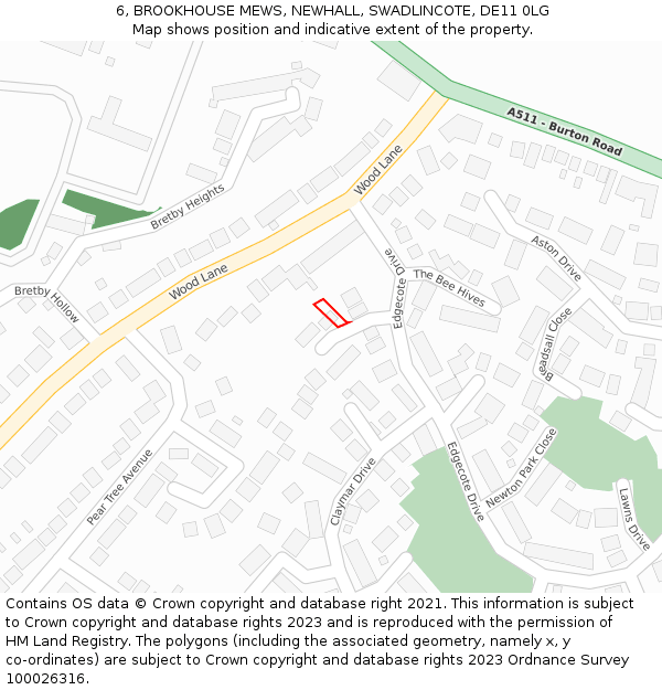 6, BROOKHOUSE MEWS, NEWHALL, SWADLINCOTE, DE11 0LG: Location map and indicative extent of plot