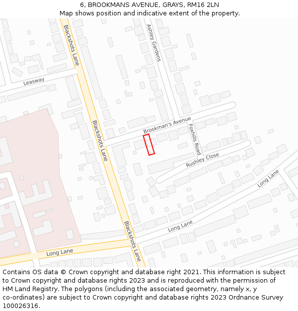6, BROOKMANS AVENUE, GRAYS, RM16 2LN: Location map and indicative extent of plot