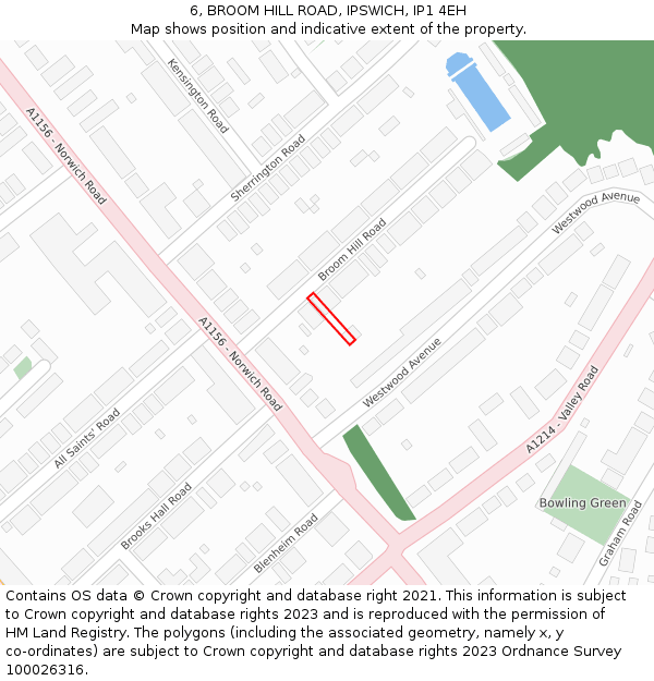 6, BROOM HILL ROAD, IPSWICH, IP1 4EH: Location map and indicative extent of plot