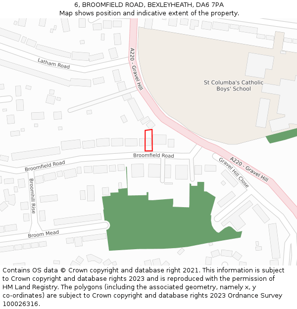 6, BROOMFIELD ROAD, BEXLEYHEATH, DA6 7PA: Location map and indicative extent of plot