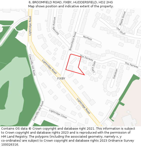 6, BROOMFIELD ROAD, FIXBY, HUDDERSFIELD, HD2 2HG: Location map and indicative extent of plot