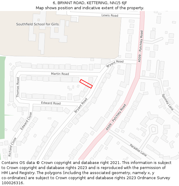 6, BRYANT ROAD, KETTERING, NN15 6JF: Location map and indicative extent of plot
