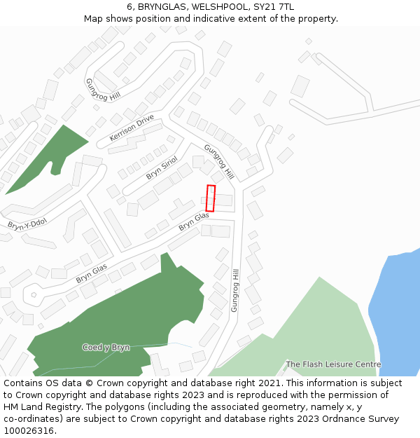 6, BRYNGLAS, WELSHPOOL, SY21 7TL: Location map and indicative extent of plot