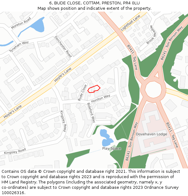 6, BUDE CLOSE, COTTAM, PRESTON, PR4 0LU: Location map and indicative extent of plot