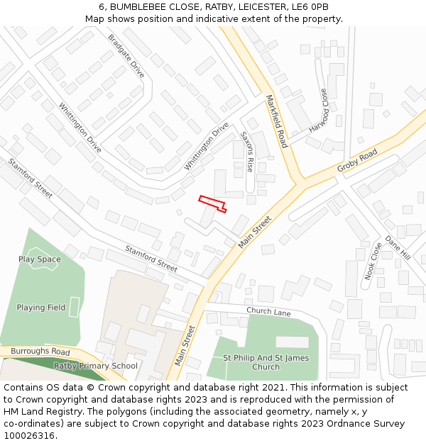 6, BUMBLEBEE CLOSE, RATBY, LEICESTER, LE6 0PB: Location map and indicative extent of plot