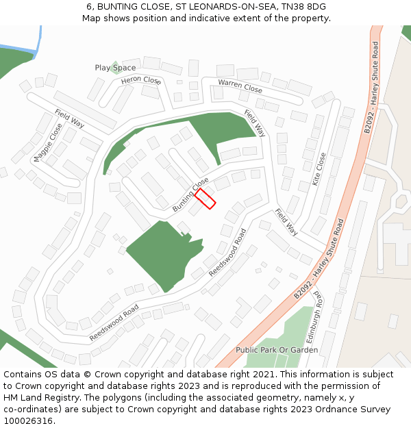 6, BUNTING CLOSE, ST LEONARDS-ON-SEA, TN38 8DG: Location map and indicative extent of plot