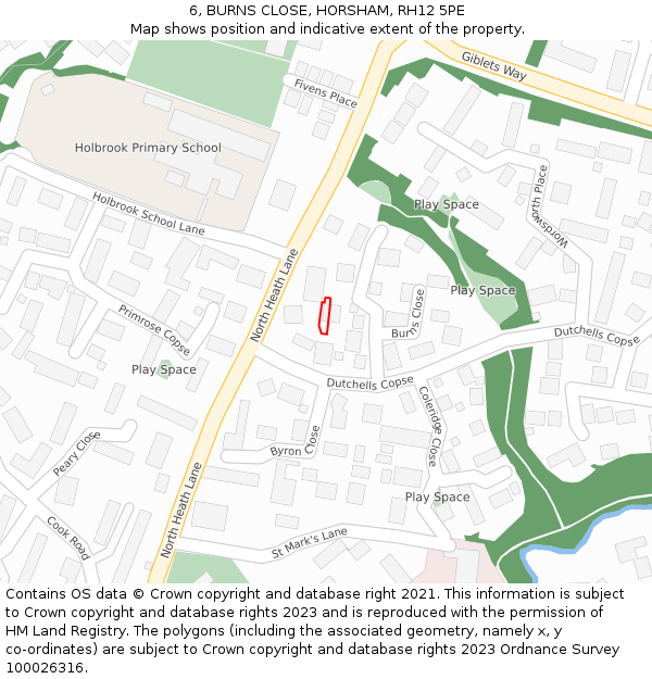 6, BURNS CLOSE, HORSHAM, RH12 5PE: Location map and indicative extent of plot