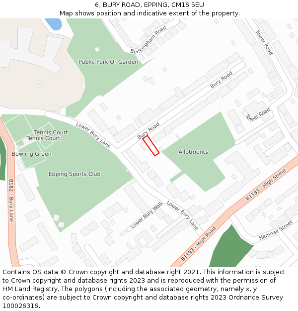 6, BURY ROAD, EPPING, CM16 5EU: Location map and indicative extent of plot