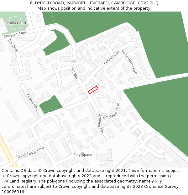 6, BYFIELD ROAD, PAPWORTH EVERARD, CAMBRIDGE, CB23 3UQ: Location map and indicative extent of plot