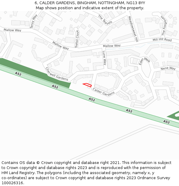 6, CALDER GARDENS, BINGHAM, NOTTINGHAM, NG13 8YY: Location map and indicative extent of plot
