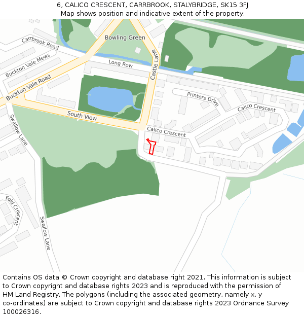 6, CALICO CRESCENT, CARRBROOK, STALYBRIDGE, SK15 3FJ: Location map and indicative extent of plot