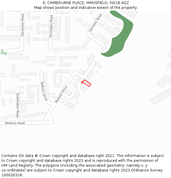 6, CAMBOURNE PLACE, MANSFIELD, NG18 4QZ: Location map and indicative extent of plot