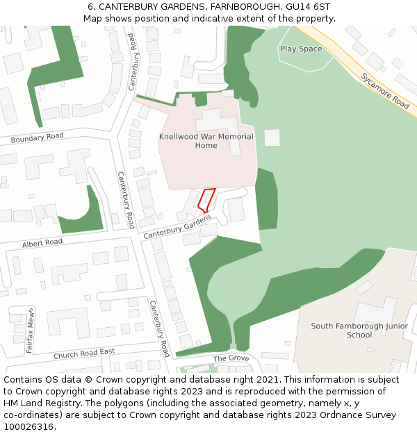 6, CANTERBURY GARDENS, FARNBOROUGH, GU14 6ST: Location map and indicative extent of plot