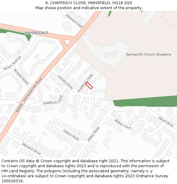 6, CHAFFINCH CLOSE, MANSFIELD, NG18 2QS: Location map and indicative extent of plot