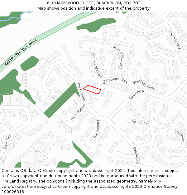 6, CHARNWOOD CLOSE, BLACKBURN, BB2 7BT: Location map and indicative extent of plot