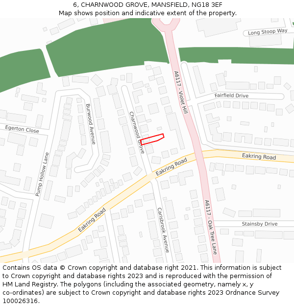 6, CHARNWOOD GROVE, MANSFIELD, NG18 3EF: Location map and indicative extent of plot