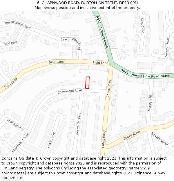 6, CHARNWOOD ROAD, BURTON-ON-TRENT, DE13 0PN: Location map and indicative extent of plot
